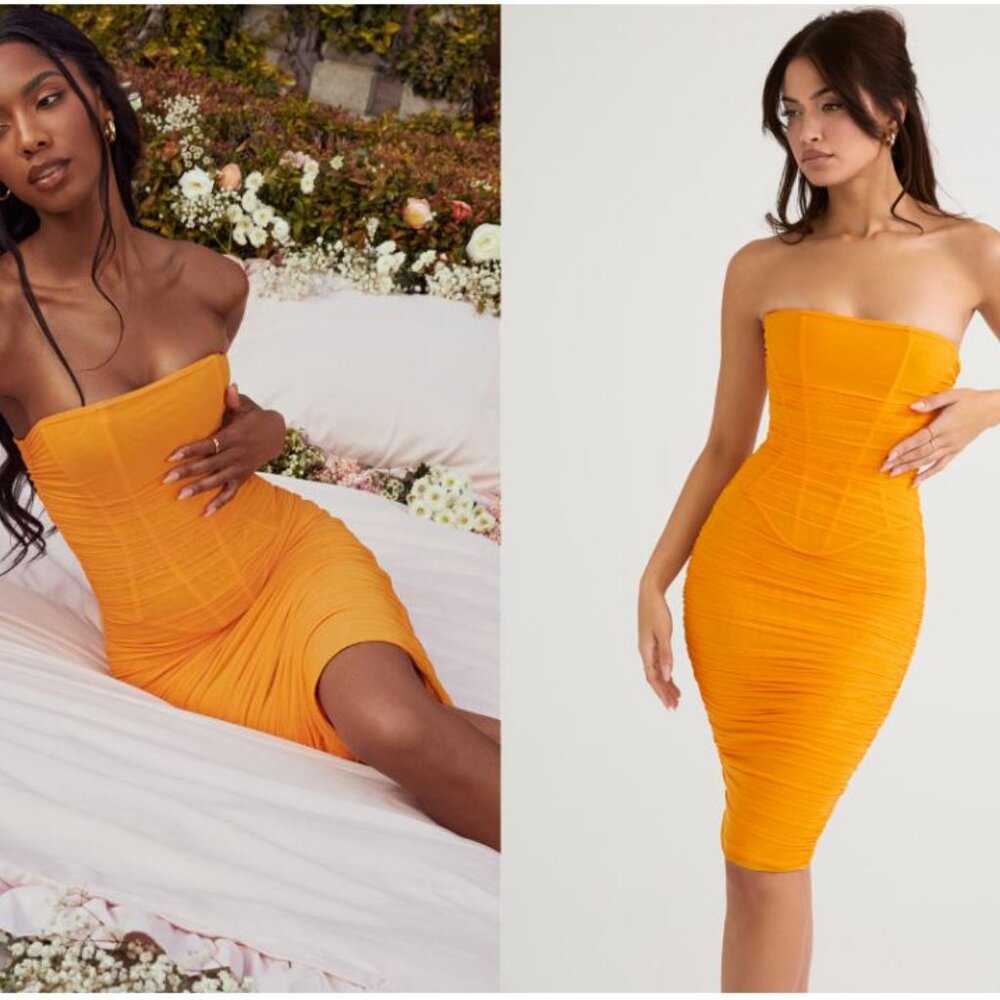 HOUSE OF CB Julianna Dress Orange Strapless Ruched Corset